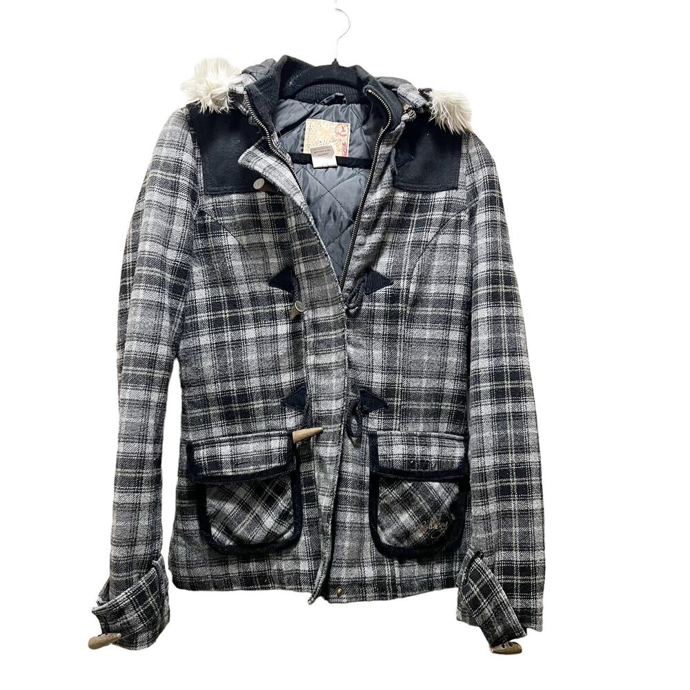 Billabong Coat Black Gray Plaid Wool Blend Faux Fur Hooded Jacket Sz S